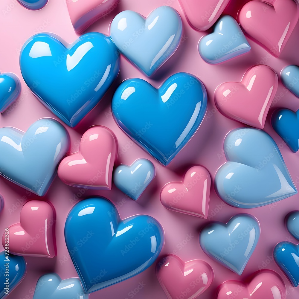 Pink and blue hearts with gloss as abstract background, wallpaper, banner, texture design with pattern - vector.