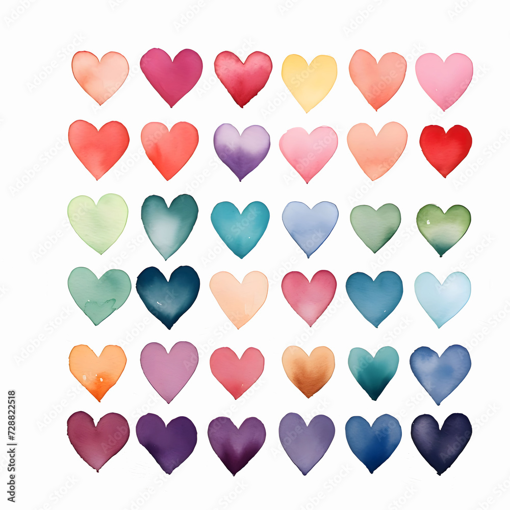 Colorful, paint-painted Hearts arranged in lines and rows. White isolated background. Heart as a symbol of affection and love.