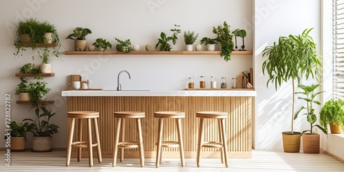 Stylish kitchen corner with white walls, wooden bar and plants.