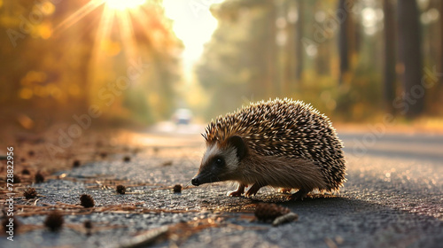 Wild Hedgehog crossing the highway, close-up. motor car in the background. Nature, industry, transportation, environmental damage, wildlife. Concept landscape photo