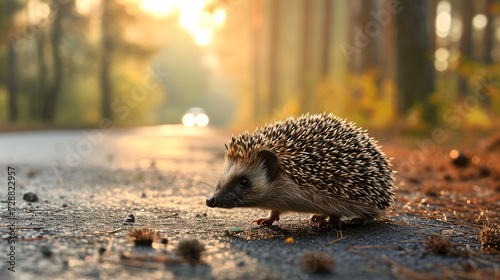 Wild Hedgehog crossing the highway, close-up. motor car in the background. Nature, industry, transportation, environmental damage, wildlife. Concept landscape