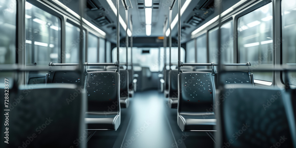 Modern City Bus Interior, nobody. Spacious and empty interior of a modern city bus with comfortable seating and bright lighting, traveling through urban streets. Modern City Bus Interior, nobody. Spacious and empty interior of a modern city bus with comfortable seating and bright lighting, traveling through urban streets.