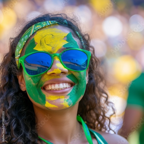 Joyful Brazilian Woman in Sports Stadium with Painted Brazil Flag Colors © Jardel Bassi