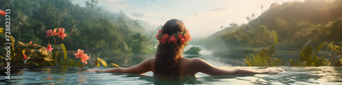 Junge Frau mit Blumen im Haar entspannt sich in einem Schwimmbad. photo