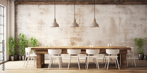 Wooden dining room with white chairs and industrial lighting