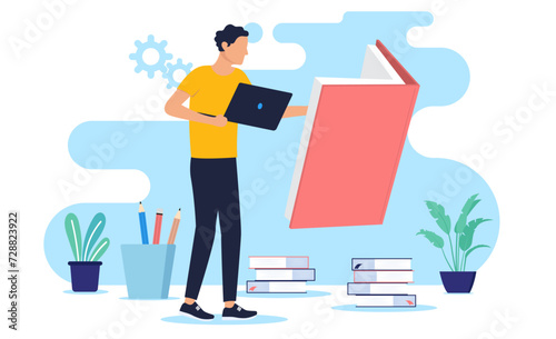 Studying with computer and book - Student person standing with laptop in hand, reading book. Education and self development and course concept in flat design vector illustration with white background
