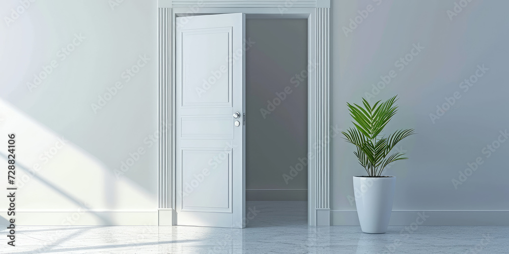 Fototapeta premium Sunlit Open Door in Elegant Interior. Open doorway inviting with natural light casting shadows on a classic herringbone floor in a serene room, copy space, minimal style concept.