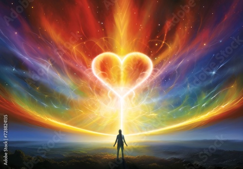 Silhouette of a man in front of a large colorful heart made of rays of lights. Heart as a symbol of affection and love.