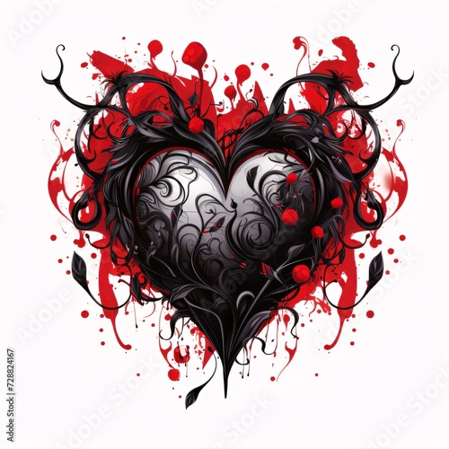 Black dark heart on a background of red blood paint  white background. Heart as a symbol of affection and love.