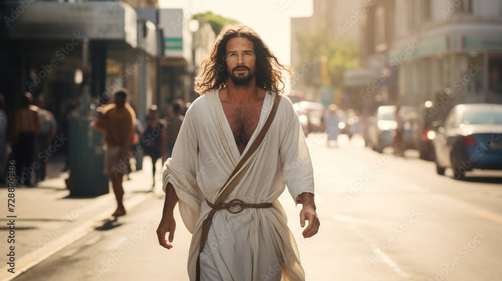 person looking like Jesus Christ savior of humanity walking in modern street person looking like Jesus Christ savior of humanity walking in modern street