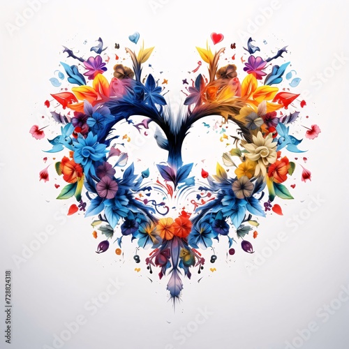 Colorful heart made of colorful flowers. White background. Heart as a symbol of affection and love.