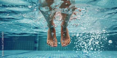 Underwater closeup view of female Feet. Legs of a synchronized swimmer woman against the serene backdrop of a swimming pool. photo
