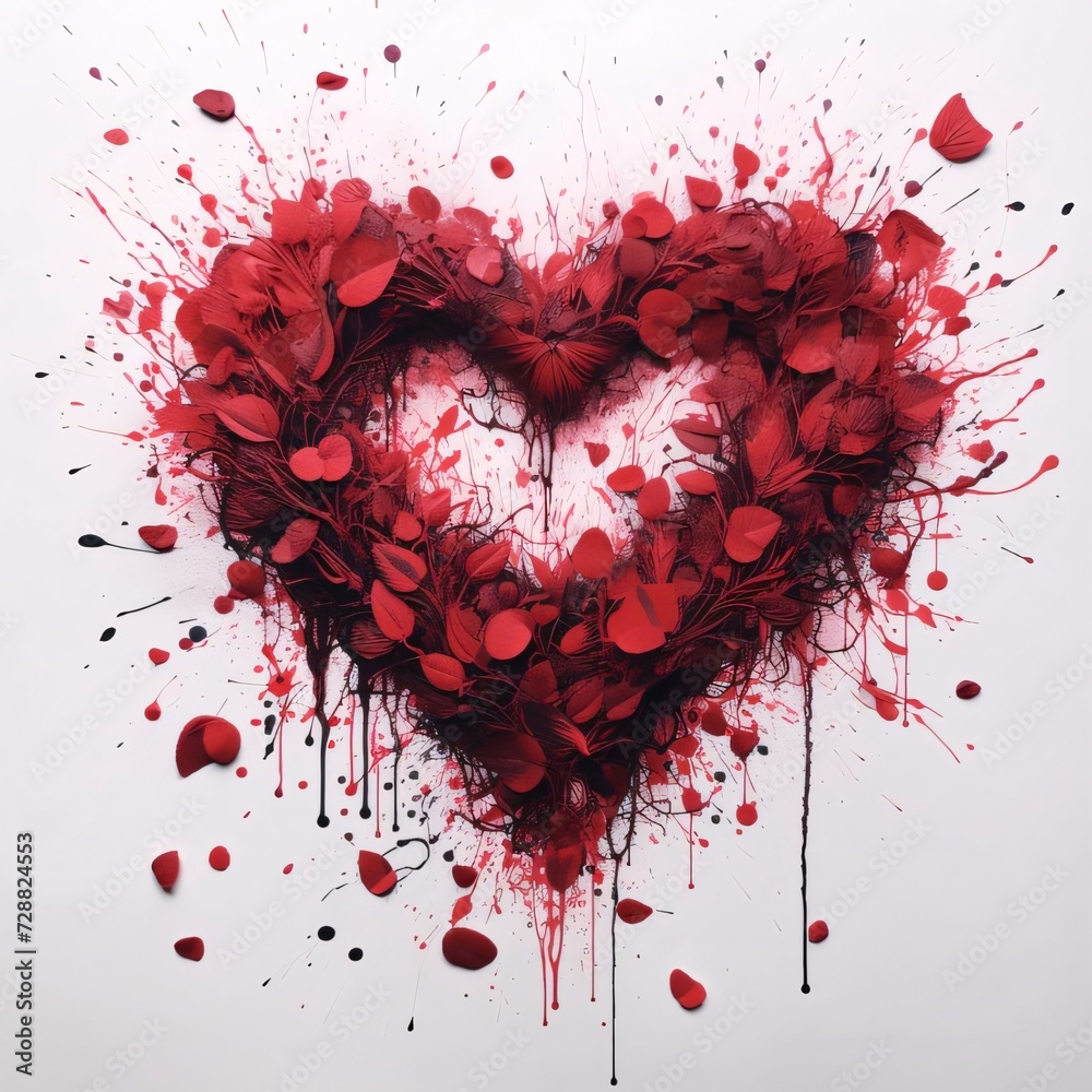 Heart made of red twig leaves splattered paint, white background. Heart as a symbol of affection and love.