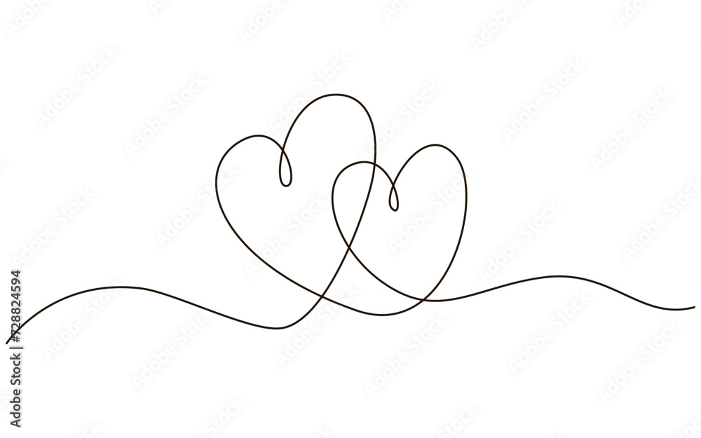 Fototapeta premium Two hearts continuous one line symbol drawing. Love romantic icon in simple linear doodle style vector illustration with editable stroke. Design for wedding festive card