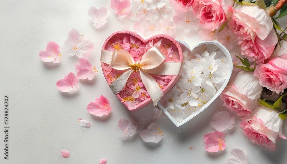 Romantyczne tło z różowymi kwiatami, pudełkami w kształcie serce i płatkami kwiatów - obrazy, fototapety, plakaty 