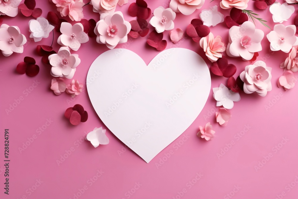 White heart decorated with colorful flowers, pink background. Heart as a symbol of affection and love.