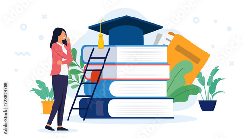 Taking higher education - Woman student thinking and wondering on front of school and educational stack of books with ladder and graduation cap. Flat design vector illustration with white background