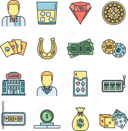 Croupier casino icons set. Outline set of croupier casino vector icons thin line color flat on white