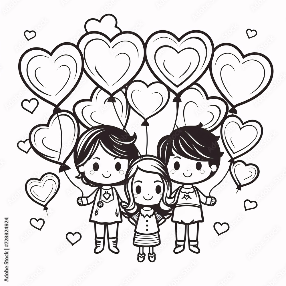 Black and White coloring sheet and three children with heart-shaped balloons. Heart as a symbol of affection and love. Black and White coloring sheet and three children with heart-shaped balloons. Heart as a symbol of affection and love.