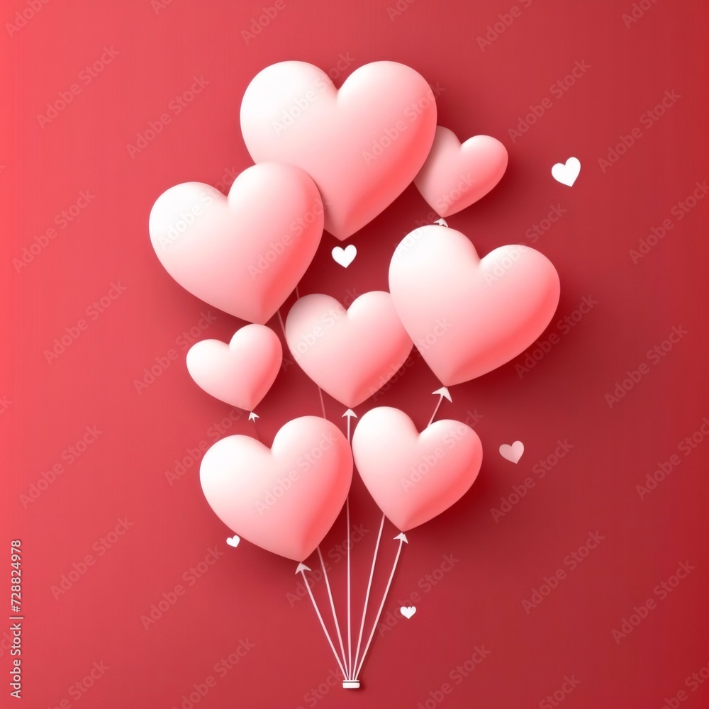 Pink balloons in the shape of hearts, connected by strings on a red background. Heart as a symbol of affection and love.