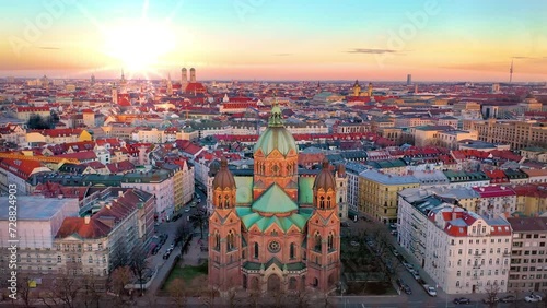 Munich skyline aerial drone footage top view, munich germany panoramic view in front munich cathedral church. photo