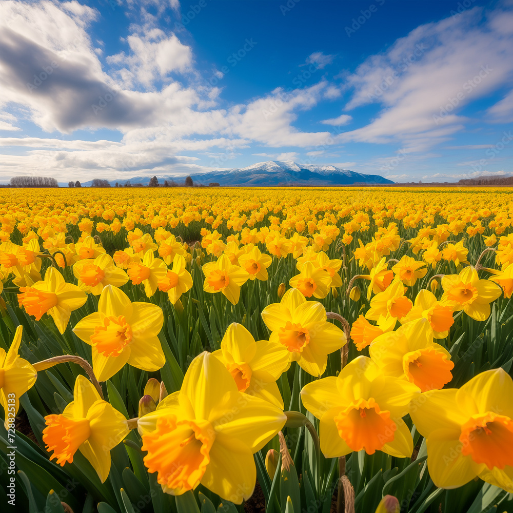 Fototapeta premium Wide-angle shot of a field filled with vibrant yellow daffodils 
