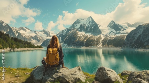 Adventure backpacking woman enjoying view of majestic mountain lake explore travel discover beautiful earth photo