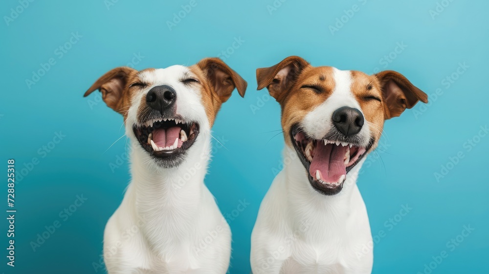 Banner two smiling dogs with happy expression. and closed eyes. Isolated on blue colored background. Banner two smiling dogs with happy expression. and closed eyes. Isolated on blue colored background.