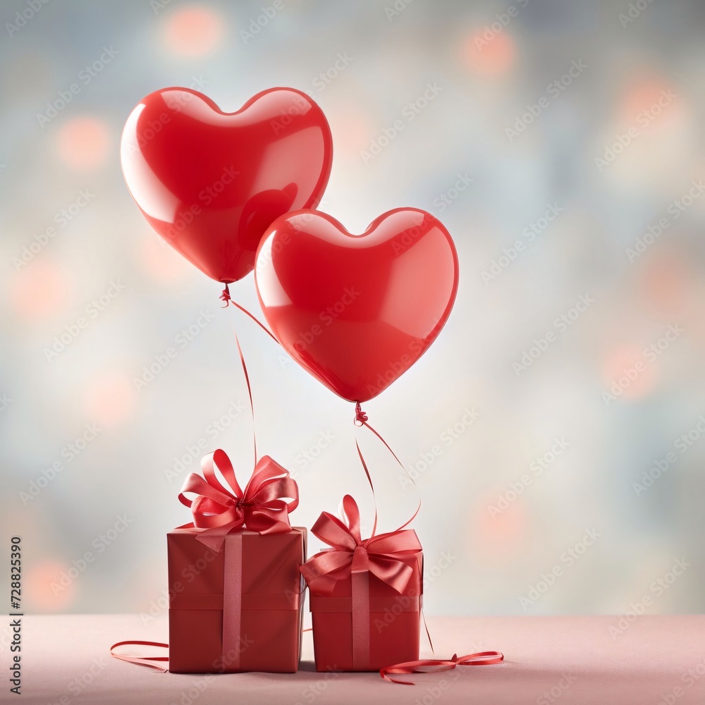 Red boxes, gifts with red bows, above them, heart-shaped balloons red. Heart as a symbol of affection and love.