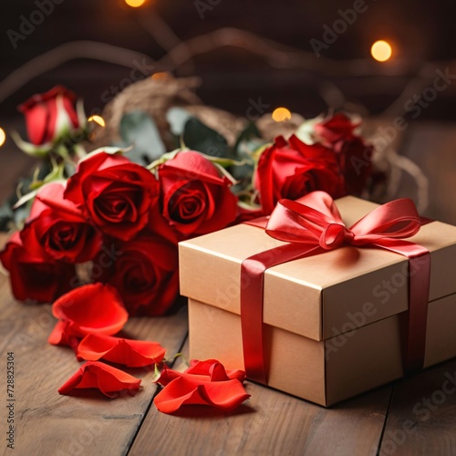 Red roses and a box, a gift with a red bow on a wooden table. Heart as a symbol of affection and love.