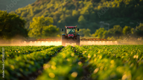 Campos sembrados de cereales, trigo y otros alimentos fumigados por pesticidas desde un tractor