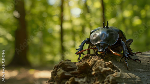  a close up of a beetle on a tree stump in a forest with lots of trees in the background and sunlight shining through the leaves on the top of the beetle. © Anna