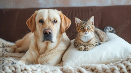 Beautiful dog and a small cat are sitting on a soft white pillow. A kitten and a puppy together at home. Cozy home concept © buraratn