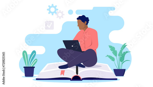 Student taking education - Black person sitting on book with laptop computer studying online and reading. School and course concept in flat design vector illustration with white background