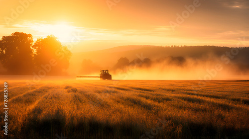 Campos sembrados de cereales, trigo y otros alimentos fumigados por pesticidas desde un tractor © VicPhoto