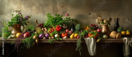 Cooking with vegetables, herbs, and fruit in a still life manner.