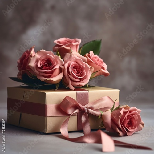 Red roses and a box  a gift with a bright bow. Heart as a symbol of affection and love.