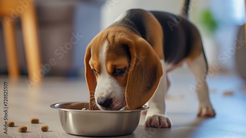 Cute Beagle puppy eating at home. Adorable pet