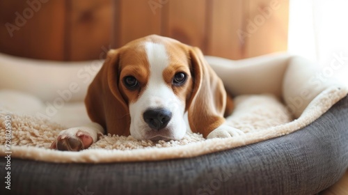 Cute Beagle puppy in dog bed at home. Adorable pet