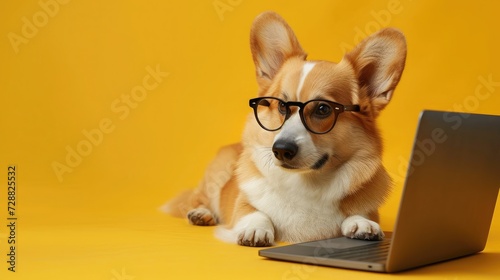 Cute corgi dog looking at laptop in glasses on yellow background photo