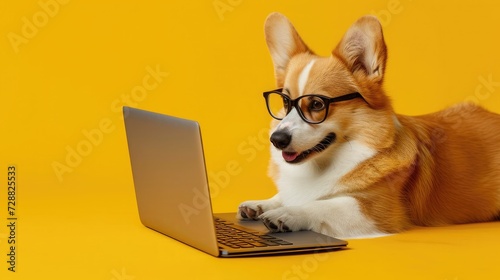 Cute corgi dog looking at laptop in glasses on yellow background © buraratn