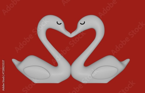 Cute 3d illustration of swans kissing, forming a heart, love, Valentine's Day, couples