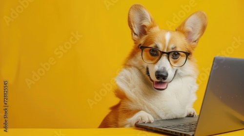Cute corgi dog looking at laptop in glasses on yellow background