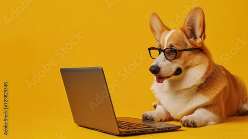 Cute corgi dog looking at laptop in glasses on yellow background © buraratn