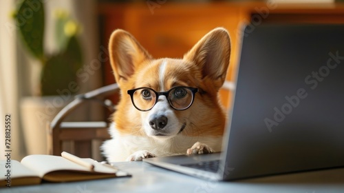 Cute corgi dog looking into computer laptop working in glasses and shirt © buraratn