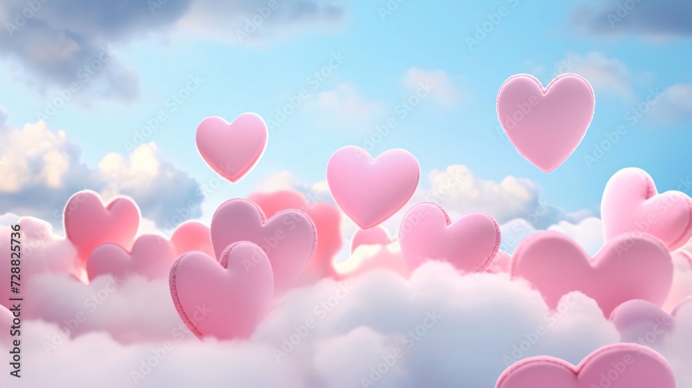 Pink hearts flying in clouds, sky all around.Valentine's Day banner with space for your own content.