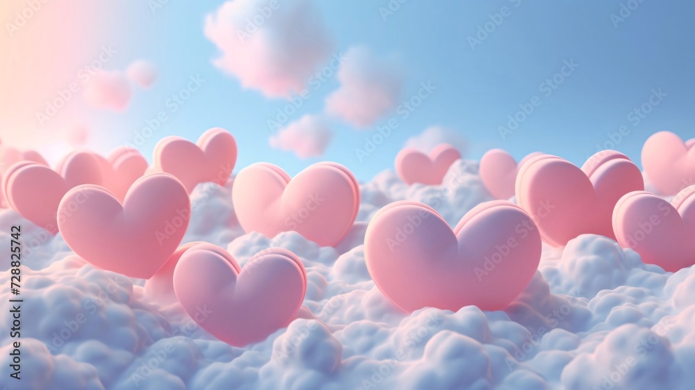 Pink hearts flying in clouds, sky all around.Valentine's Day banner with space for your own content.
