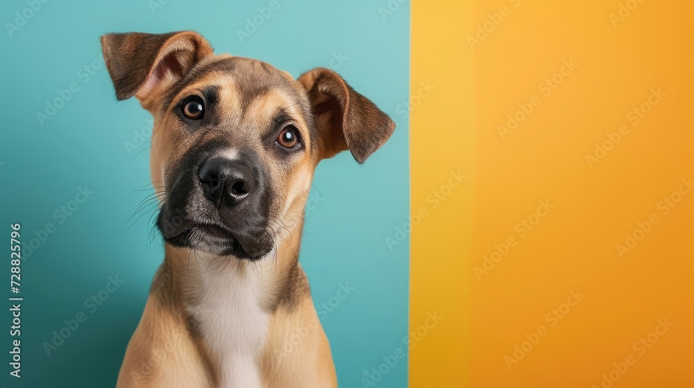 Happy, curious dog Mixed breed, isolated on a colorful background Happy, curious dog Mixed breed, isolated on a colorful background