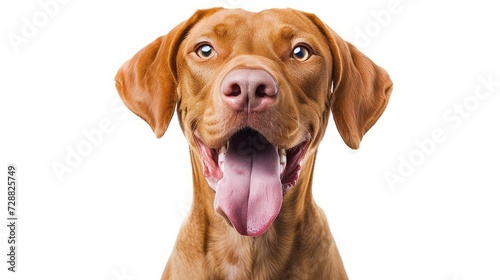 funny dog shows tongue. Hungarian vizsla on a white background photo