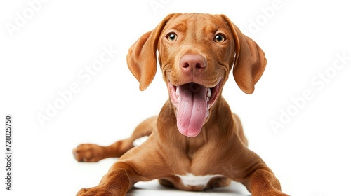 funny dog shows tongue. Hungarian vizsla on a white background